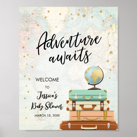 Adventure Awaits Travel Gold Confetti Baby shower Poster (Voorkant)