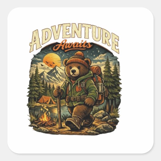 Adventure Awaits Vintage Bear Hiking Sticker (Voorkant)