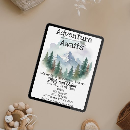 Adventure Awaits, Watercolor Woods Baby Shower Kaart