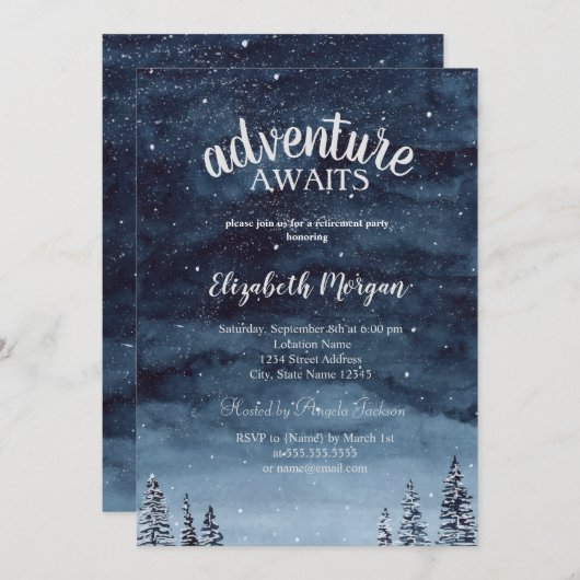 Adventure Awaits Winter Forest Retirement Party Kaart (Voorkant / Achterkant)