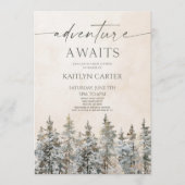 Adventure Awaits Winter Snow Pine Tree Baby Shower Kaart (Voorkant)
