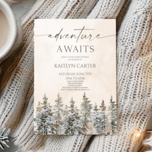 Adventure Awaits Winter Snow Pine Tree Baby Shower Kaart