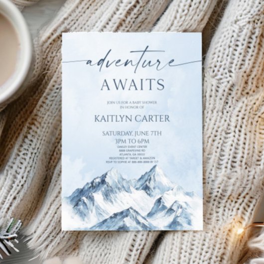 Adventure Awaits Winter Snowy Mountain Baby Shower Kaart