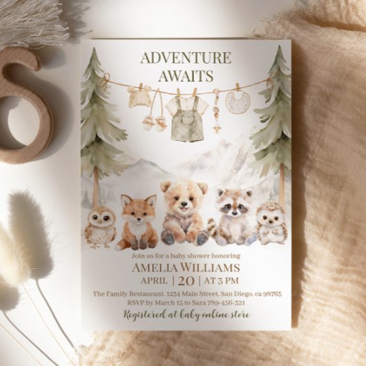 Adventure Awaits Woodland Animals Baby Shower Kaart