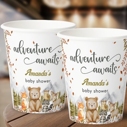 Adventure Awaits Woodland Animals Baby Shower Papieren Bekers