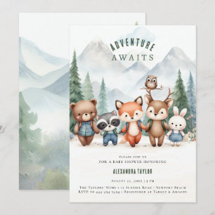 Adventure Awaits Woodland Animals Boy Baby shower Kaart