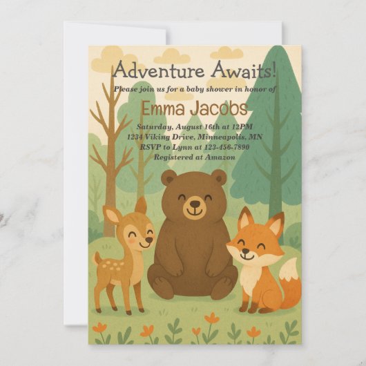Adventure Awaits Woodland Baby shower Invitation Kaart (Voorkant)