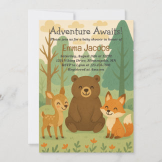 Adventure Awaits Woodland Baby shower Invitation Kaart