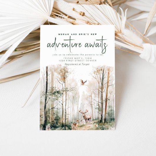 Adventure Awaits Woodland Baby shower Invitation Kaart