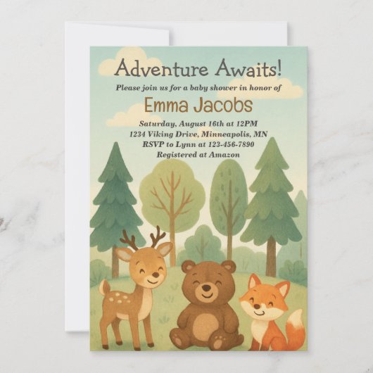 Adventure Awaits Woodland Baby shower Invitation Kaart (Voorkant)