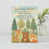 Adventure Awaits Woodland Baby shower Invitation Kaart (Staand voorkant)