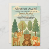Adventure Awaits Woodland Baby shower Invitation Kaart (Voorkant / Achterkant)