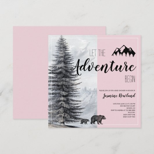 Adventure Awaits Woodland Beer Roze Baby shower in Kaart (Voorkant / Achterkant)