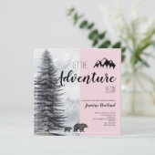 Adventure Awaits Woodland Beer Roze Baby shower in Kaart (Staand voorkant)