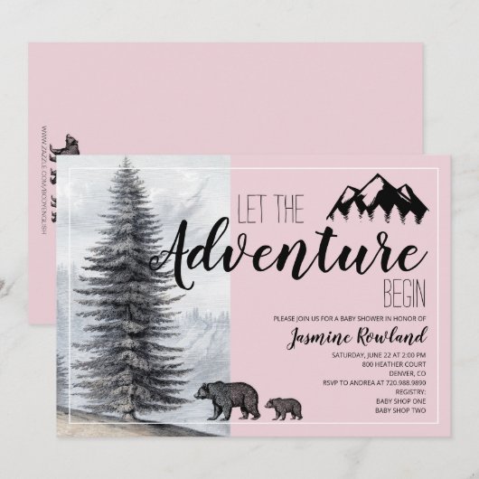 Adventure Awaits Woodland Beer Roze Baby shower Kaart (Voorkant / Achterkant)