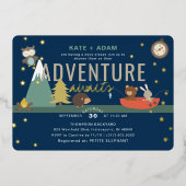 Adventure Awaits Woodland Boy Navy Baby shower Folie Uitnodiging (Voorkant)