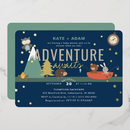 Adventure Awaits Woodland Boy Navy Baby shower Folie Uitnodiging (Voorkant / Achterkant)