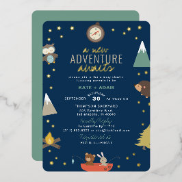 Adventure Awaits Woodland Boy Navy Baby shower Folie Uitnodiging