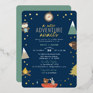 Adventure Awaits Woodland Boy Navy Baby shower Folie Uitnodiging