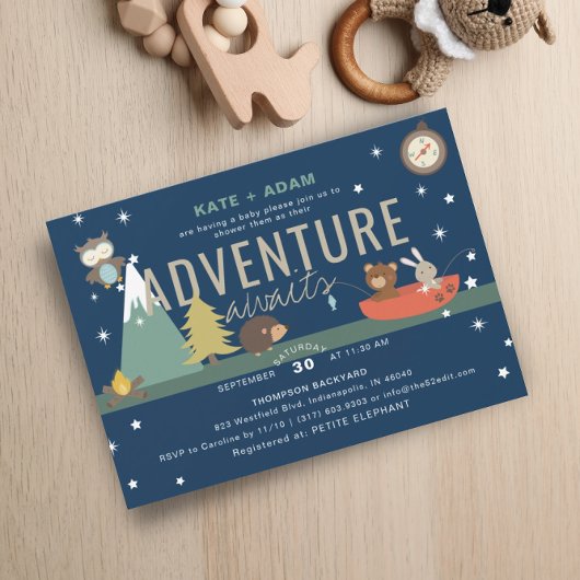 Adventure Awaits Woodland Boy Navy Baby shower Kaart