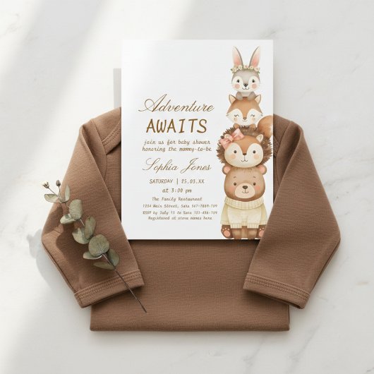Adventure Awaits Woodland Cute Animals Baby Shower Kaart