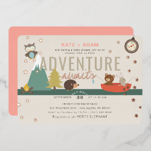 Adventure Awaits Woodland Girl Pink Baby shower Folie Uitnodiging