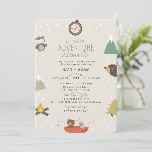 Adventure Awaits Woodland Neutra Taupe Baby shower Kaart (Staand voorkant)