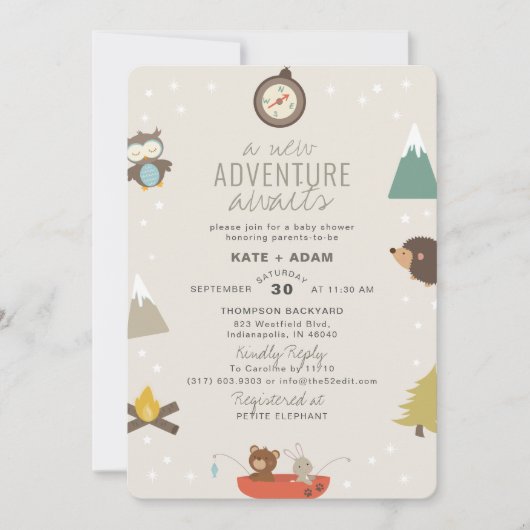 Adventure Awaits Woodland Neutra Taupe Baby shower Kaart (Voorkant)