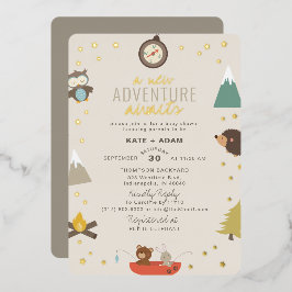 Adventure Awaits Woodland Neutraal Baby shower Folie Uitnodiging