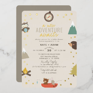 Adventure Awaits Woodland Neutraal Baby shower Folie Uitnodiging