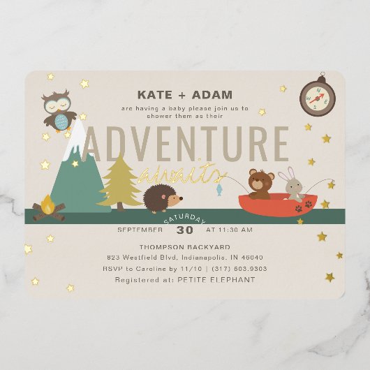Adventure Awaits Woodland Neutral Taup Baby shower Folie Uitnodiging (Voorkant)