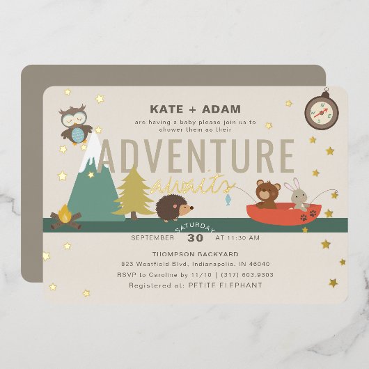 Adventure Awaits Woodland Neutral Taup Baby shower Folie Uitnodiging (Voorkant / Achterkant)