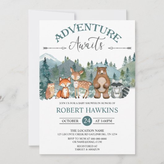 Adventure Awaits Woodland Rustic Baby shower Invit Kaart (Voorkant)