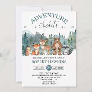 Adventure Awaits Woodland Rustic Baby shower Invit Kaart