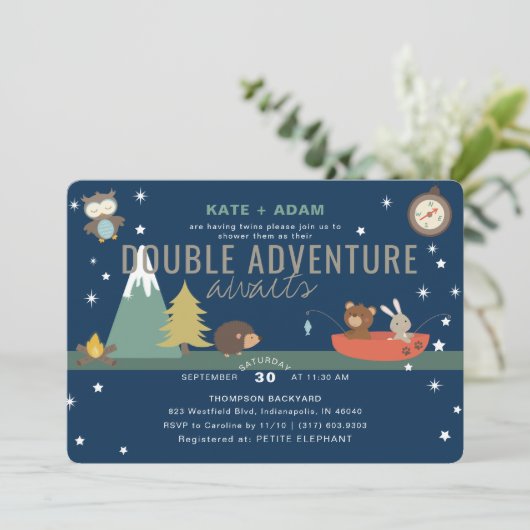Adventure Awaits Woodland Twin Boys Baby shower Kaart (Staand voorkant)
