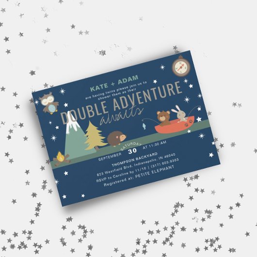 Adventure Awaits Woodland Twin Boys Baby shower Kaart