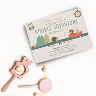 Adventure Awaits Woodland Twin Girls Baby shower Kaart