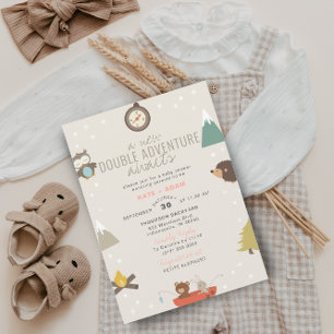 Adventure Awaits Woodland Twin Girls Baby shower Kaart