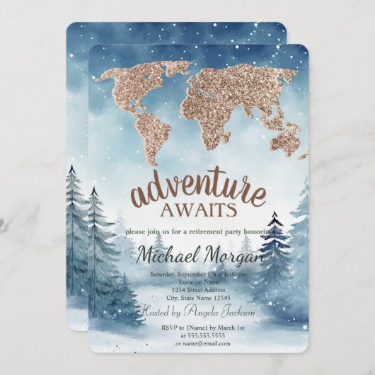 Adventure Awaits World Map Blue Forest Retirement Kaart (Voorkant / Achterkant)