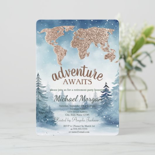Adventure Awaits World Map Blue Forest Retirement Kaart (Staand voorkant)