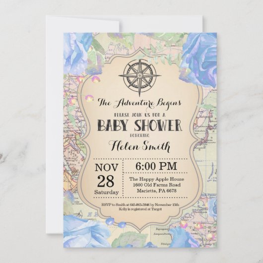 Adventure Baby shower Blue Floral Map Travel World Kaart (Voorkant)