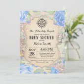 Adventure Baby shower Blue Floral Map Travel World Kaart (Staand voorkant)