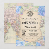 Adventure Baby shower Blue Floral Map Travel World Kaart (Voorkant / Achterkant)