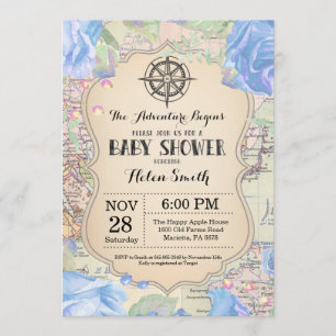 Adventure Baby shower Blue Floral Map Travel World Kaart
