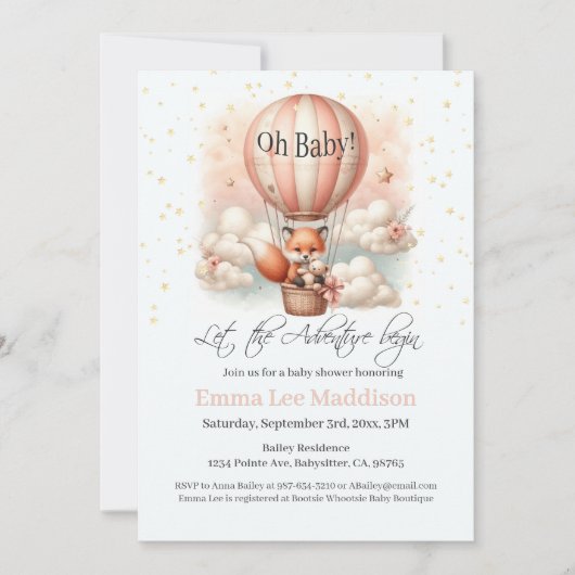 Adventure Baby shower Fox in een luchtballon Kaart (Voorkant)