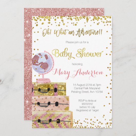 Adventure Baby shower Invitation Gold Glitter Kaart (Voorkant / Achterkant)