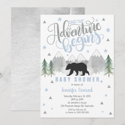 Adventure Baby shower Invitation, Zwart Beer Baby Kaart (Voorkant / Achterkant)