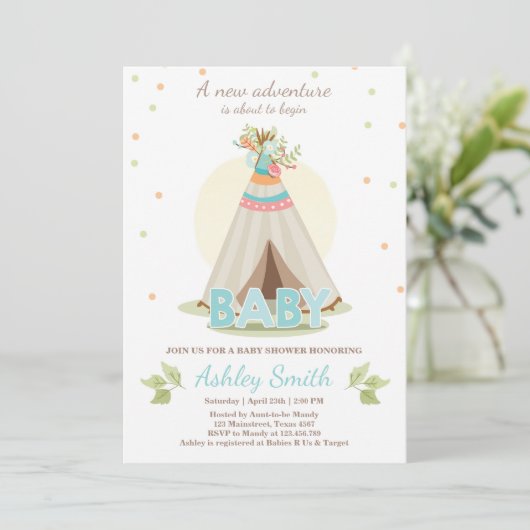Adventure baby shower nodigBoy Teepee Boho Kaart (Staand voorkant)