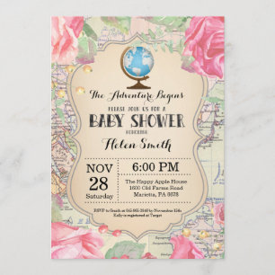 Adventure Baby shower Pink Floral Map Wereld Kaart