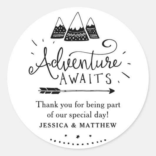 Adventure Baby shower Stickers met Schattigee Berg (Voorkant)
